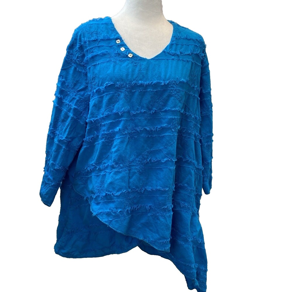 Lulu B Tunic Blouse Womens XL Blue Embroidered Fringe 3/4 Sleeve Cotton Top